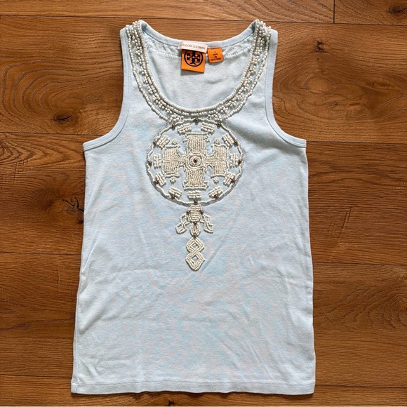 Tory Burch Tops - Tory Burch Beaded Tank Top Light Blue Sleeveless Cotton Size Small